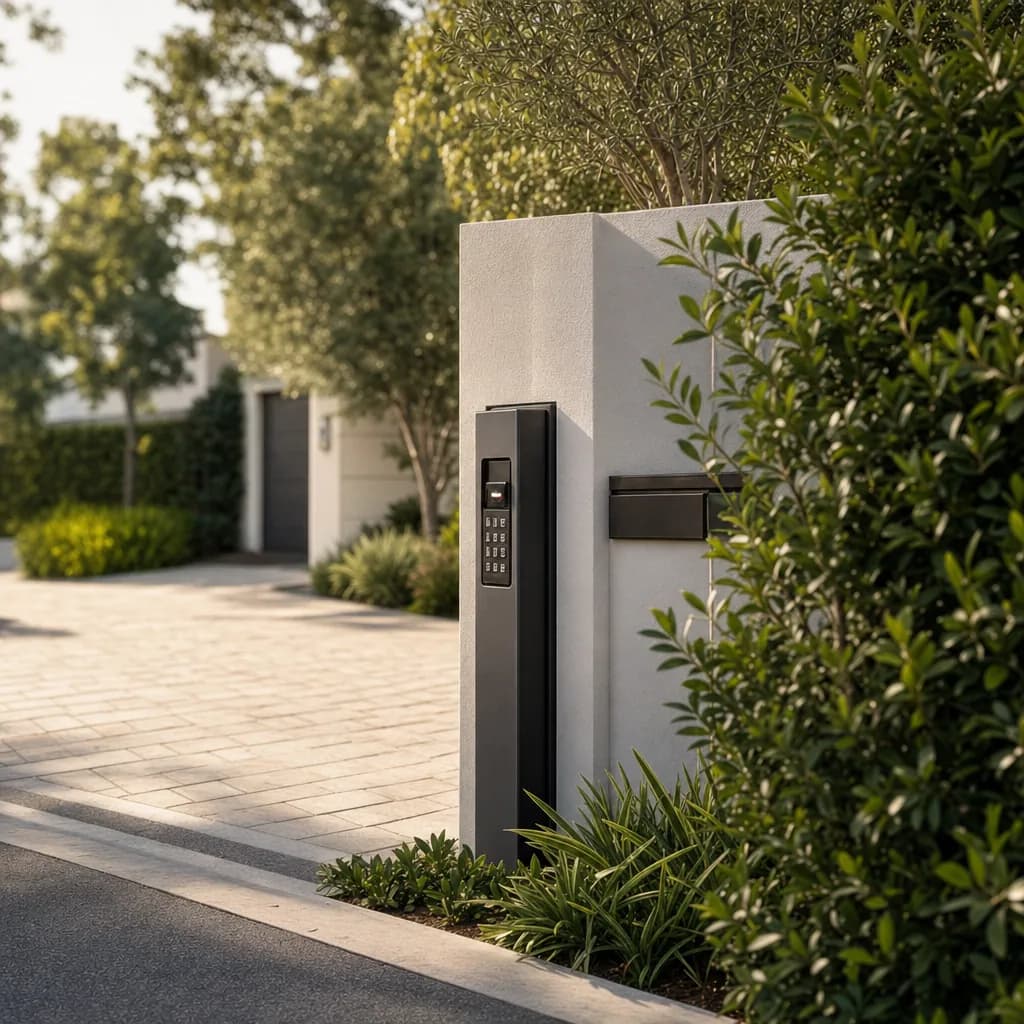 A black access keypad and reader panel mounted on a white stucco wall