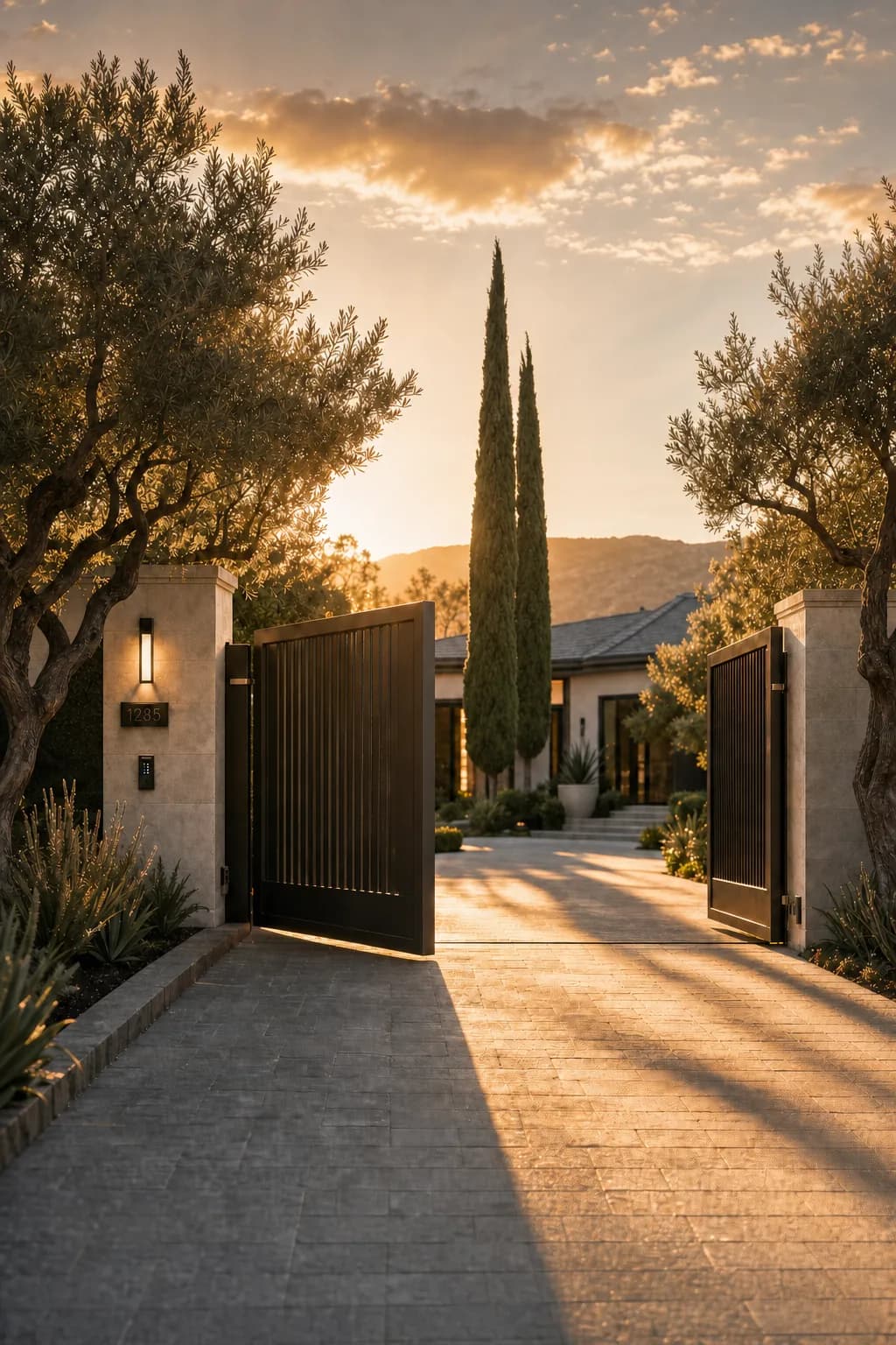 A double swing gate open at golden hour on a paver driveway leading to a California home
