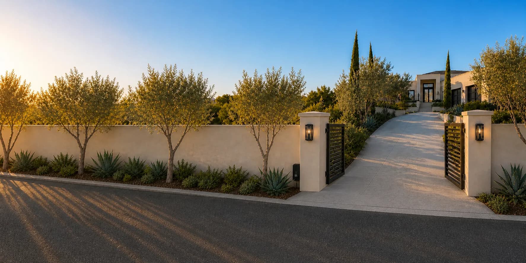 An automated black double swing gate opening into a California estate, with gate operators mounted behind the entry pillars