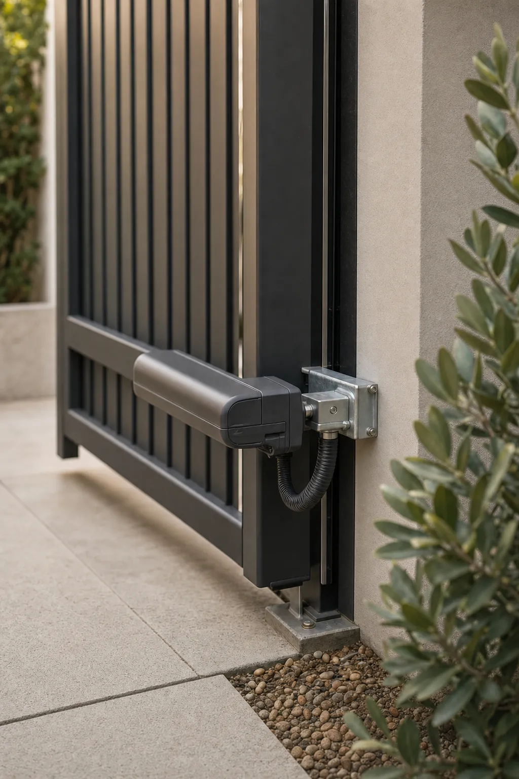 Close-up of a linear-arm gate operator mounted to a black steel gate frame