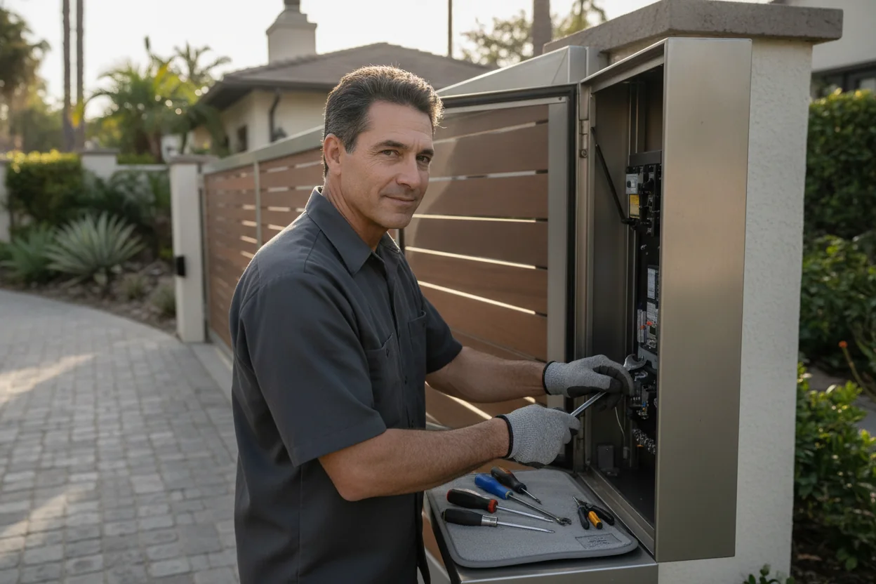 A gate technician servicing an open automatic-gate operator cabinet at a Southern California residential property