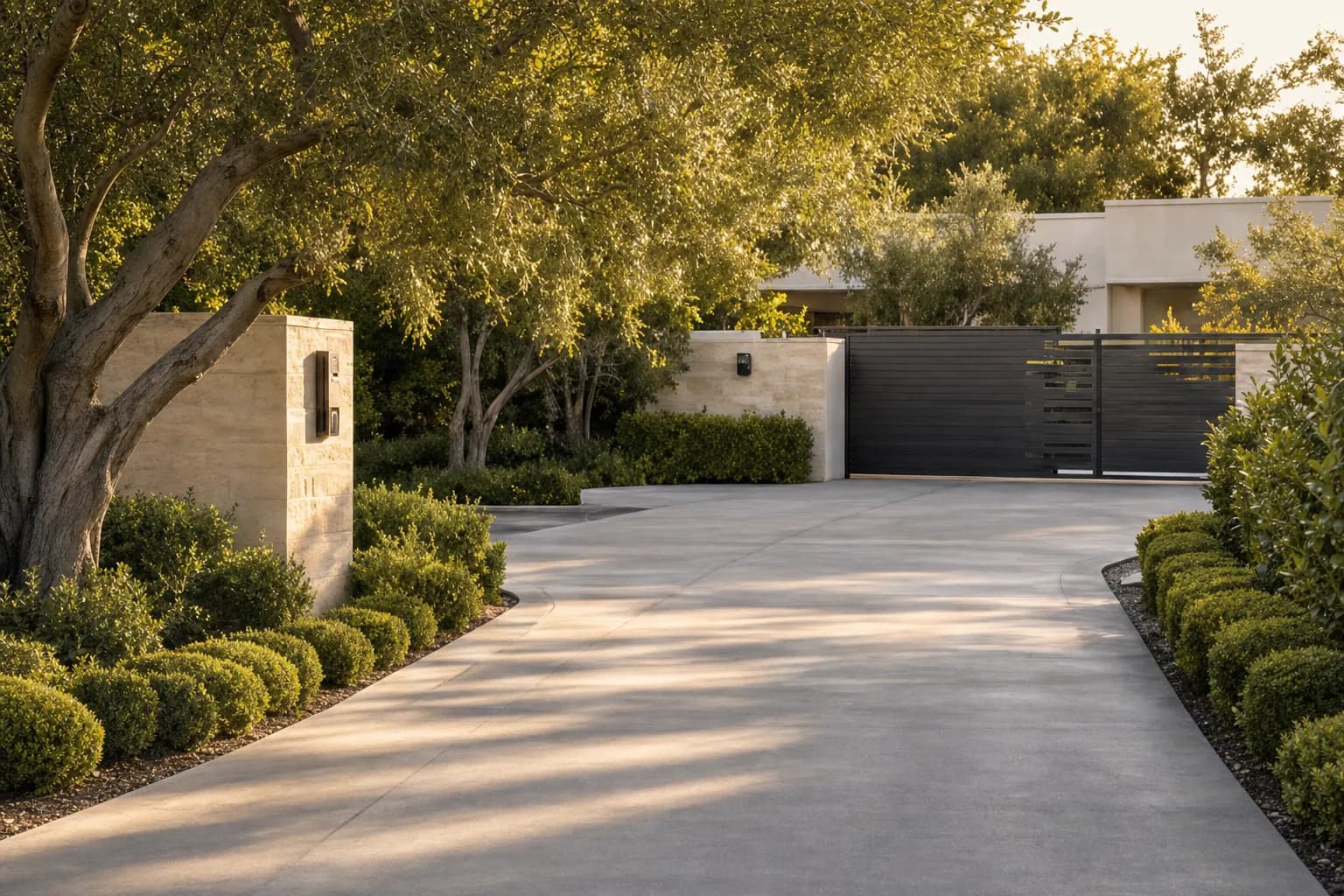 A long California driveway lined with olive trees leading to a home behind a dark contemporary gate