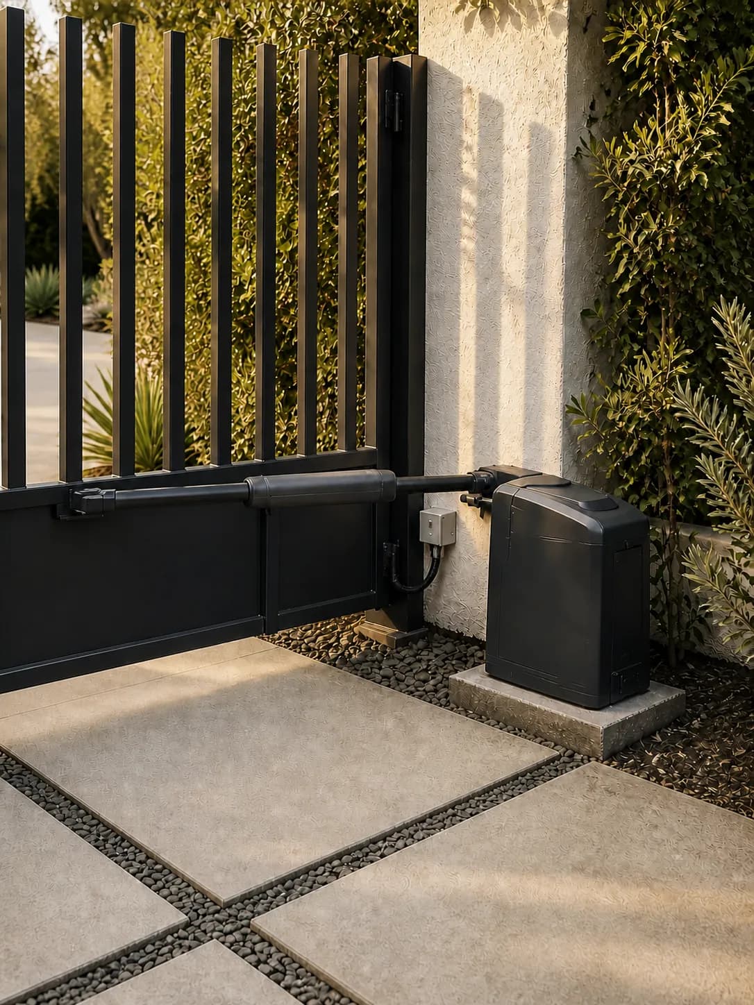 A linear swing-gate operator arm, mounting hardware, and ground-mounted motor housing on a black gate